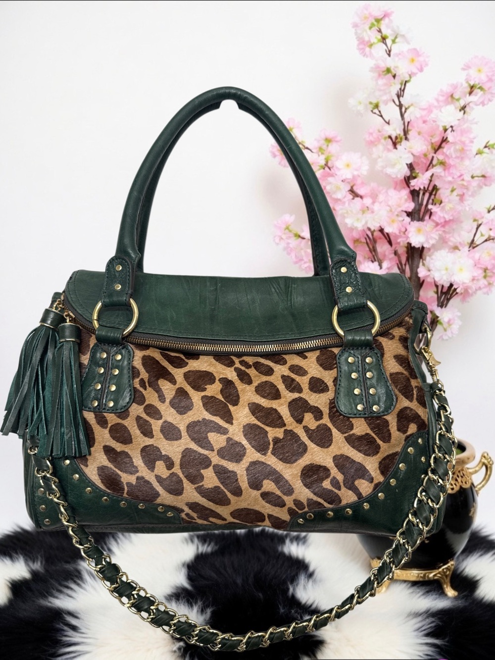 HYPE LEOPARD PRINT BAG WITH DARK GREEN TRIM